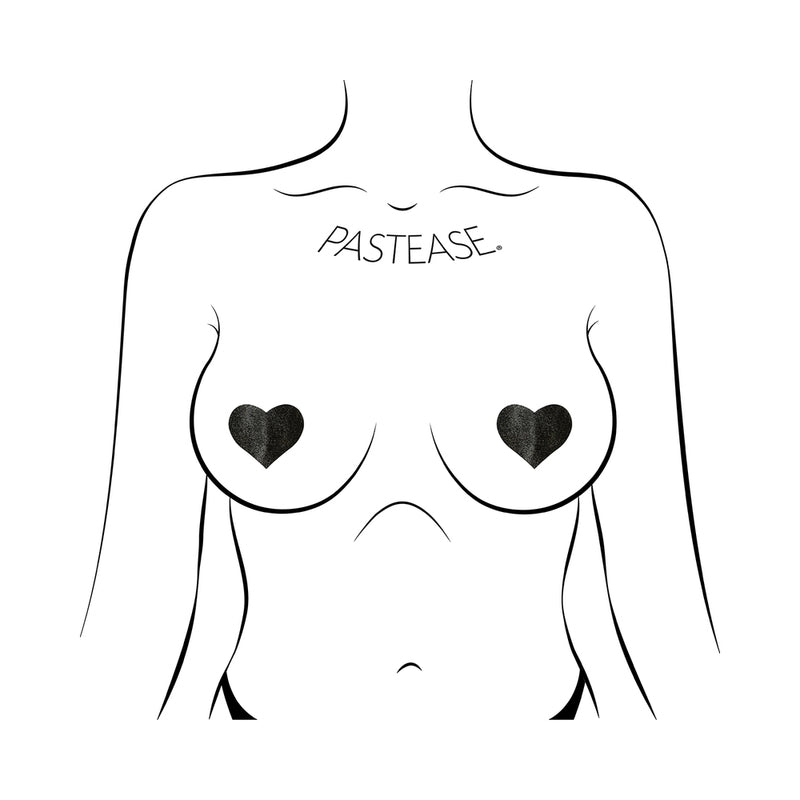 Pastease Petites Liquid Hearts Pasties Black 2-pack showcased on a figure, emphasizing the playful heart-shaped design.