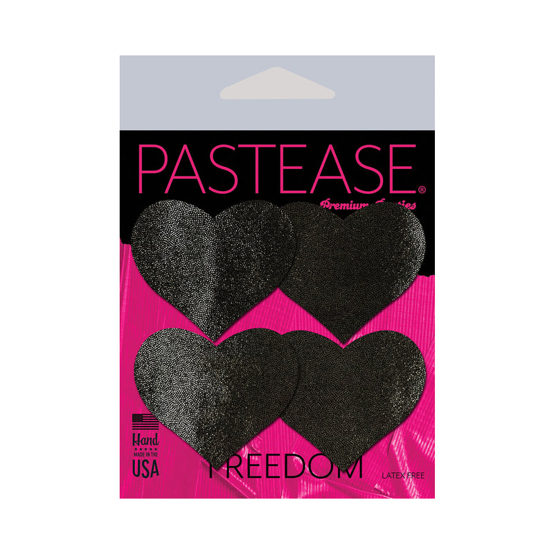 Pastease Petites Liquid Hearts Pasties Black 2-pack featuring four heart-shaped pasties in a sleek design.