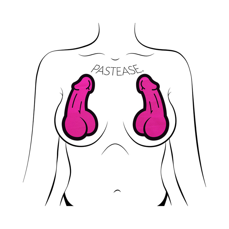 Pastease Penis Nipple Pasties Neon Pink displayed on a torso, showcasing bold design for playful outfits.