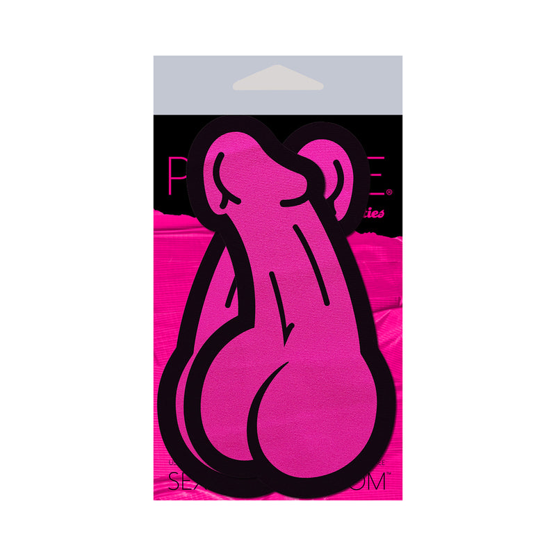 Pastease Penis Nipple Pasties Neon Pink featuring a bold penis-shaped design in eye-catching neon pink.