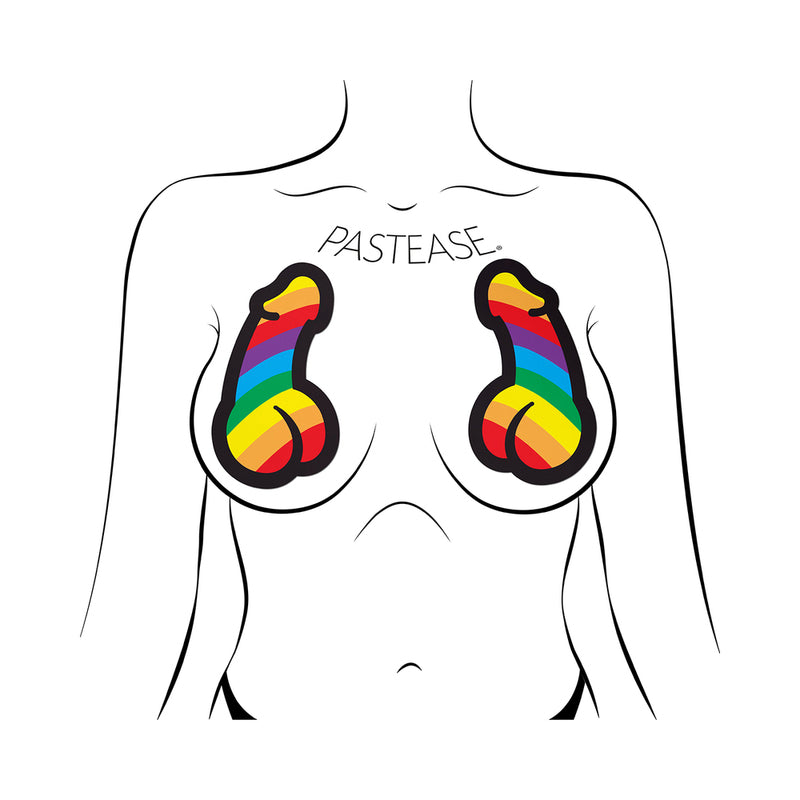 Pastease Penis Pride Pasties Rainbow on a playful figure, showcasing colorful phallic design for Pride celebration.
