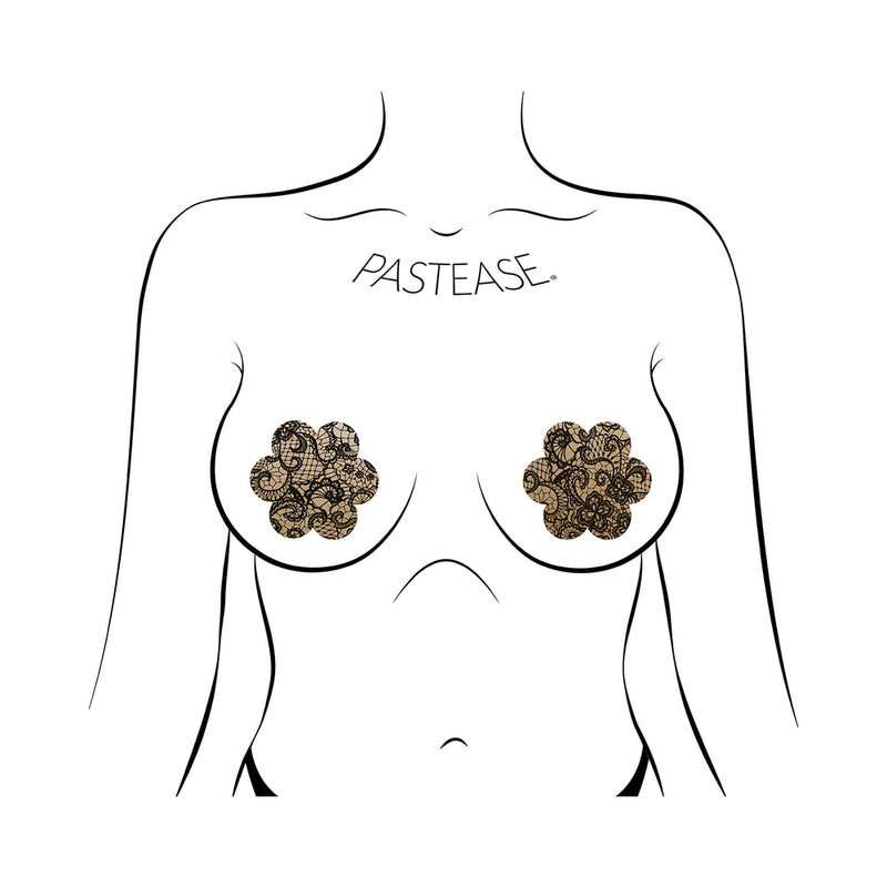 Pastease Lace Flower Nipple Pasties Beige and Black displayed on a drawn female figure.