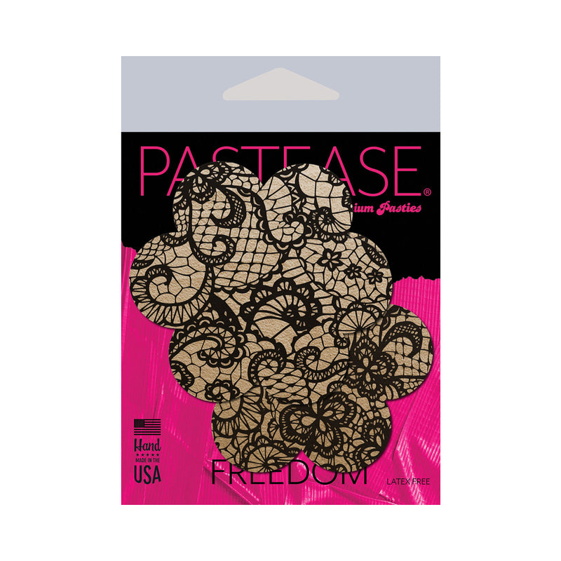 Pastease Lace Flower Nipple Pasties Beige and Black packaging with lace design on a pink background.