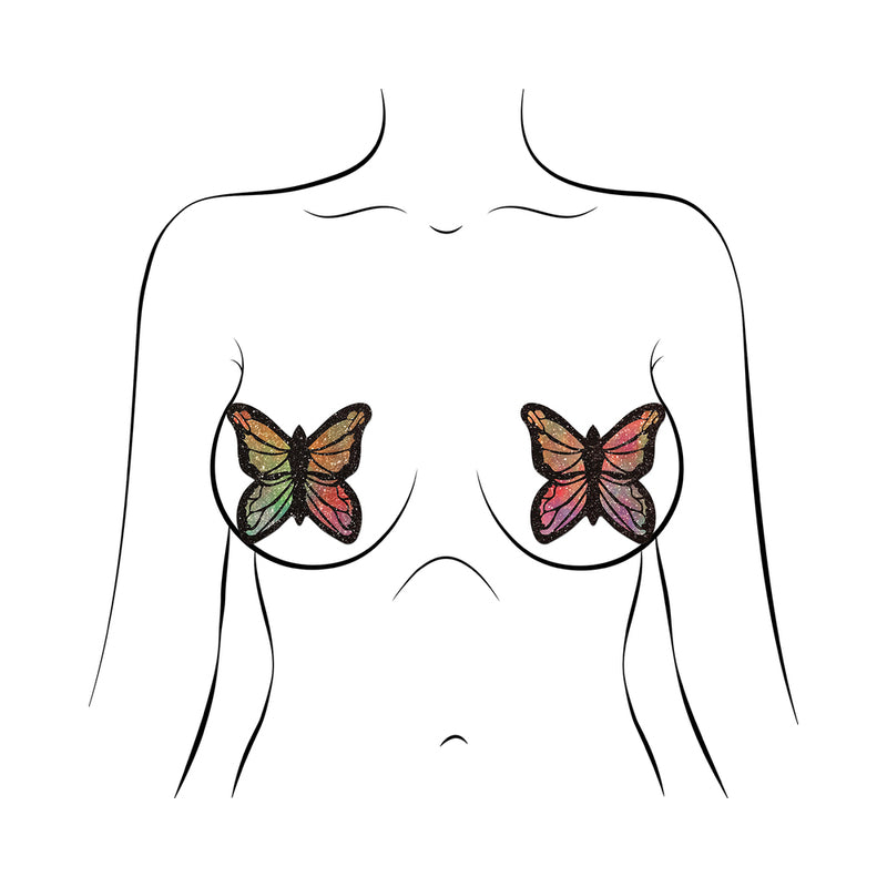 Pastease Glitter Butterfly Pasties Pastel Rainbow on a silhouette, showcasing colorful glitter butterfly nipple covers.