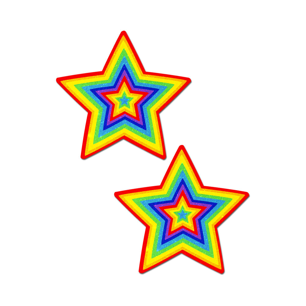 Pastease Glitter Pumping Star Pasties Rainbow in vibrant star shapes with shimmering rainbow glitter design.