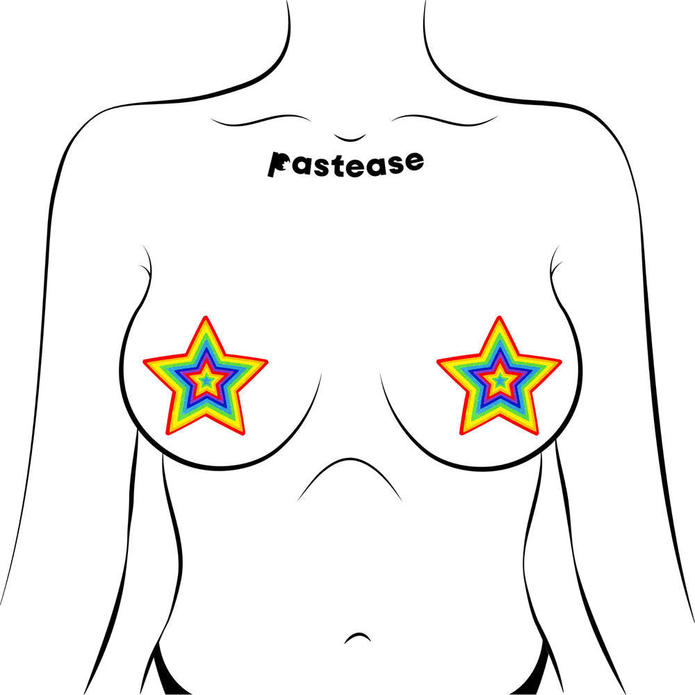 Pastease Glitter Pumping Star Pasties Rainbow showcasing vibrant star-shaped nipple covers with rainbow glitter.
