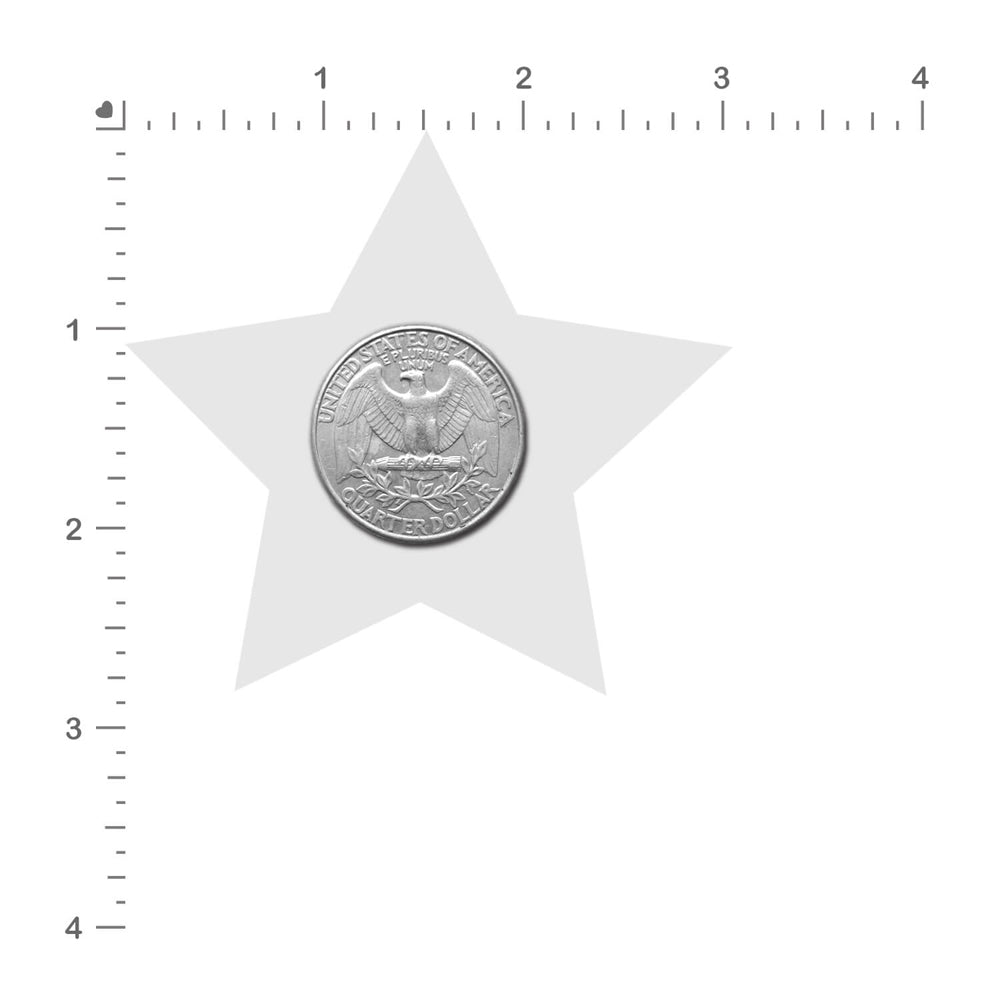 A quarter dollar coin centered on a star-shaped outline with measurement markers displayed.