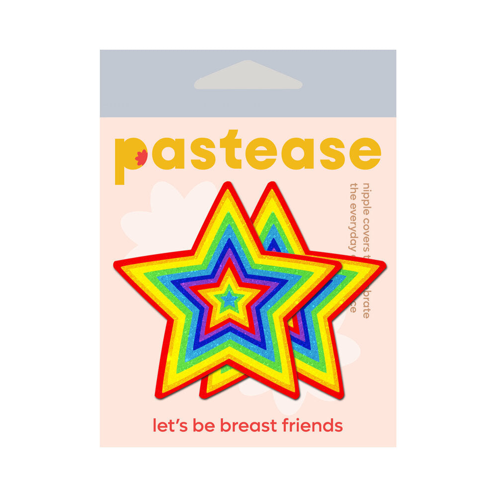Pastease Glitter Pumping Star Pasties Rainbow with vibrant rainbow colors on a packaging design.