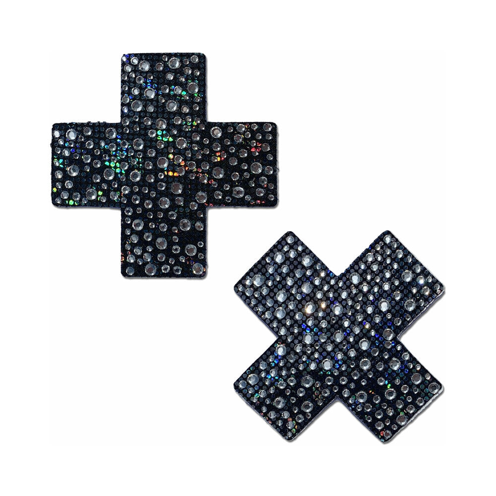 Pastease Crystal Sparkling Crosses Pasties Black featuring a bold cross silhouette with sparkling crystals.