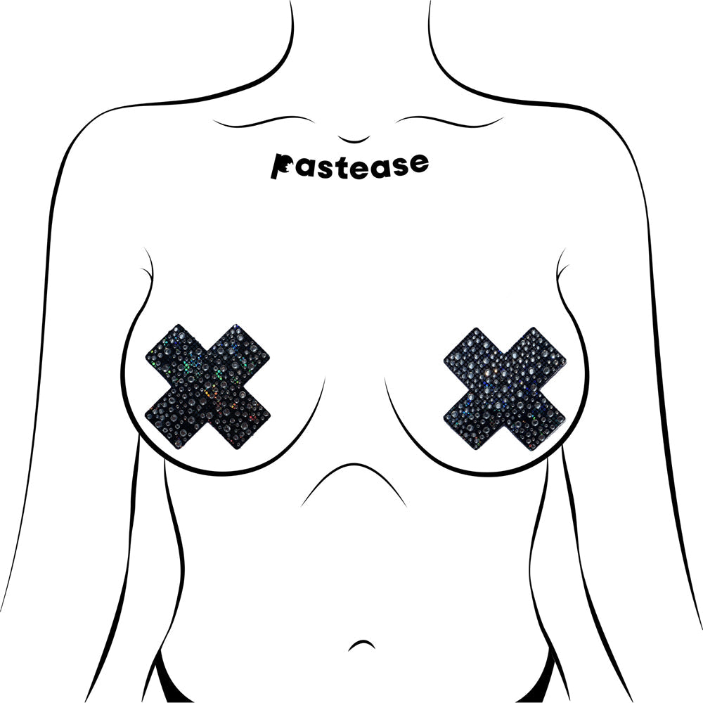 Pastease Crystal Sparkling Crosses Pasties Black showcased on a model with a striking cross silhouette and sparkling detail.