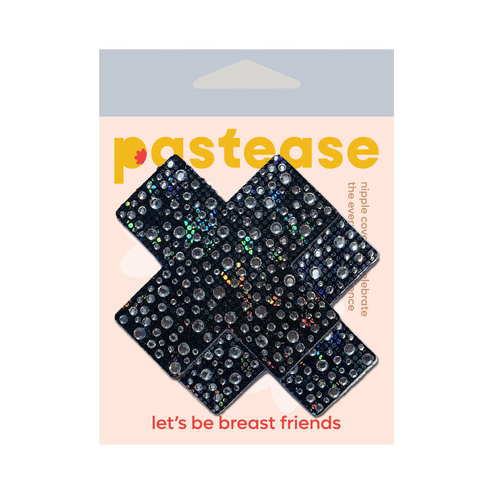 Pastease Crystal Sparkling Crosses Pasties Black on packaging with crystal embellishments and playful text.