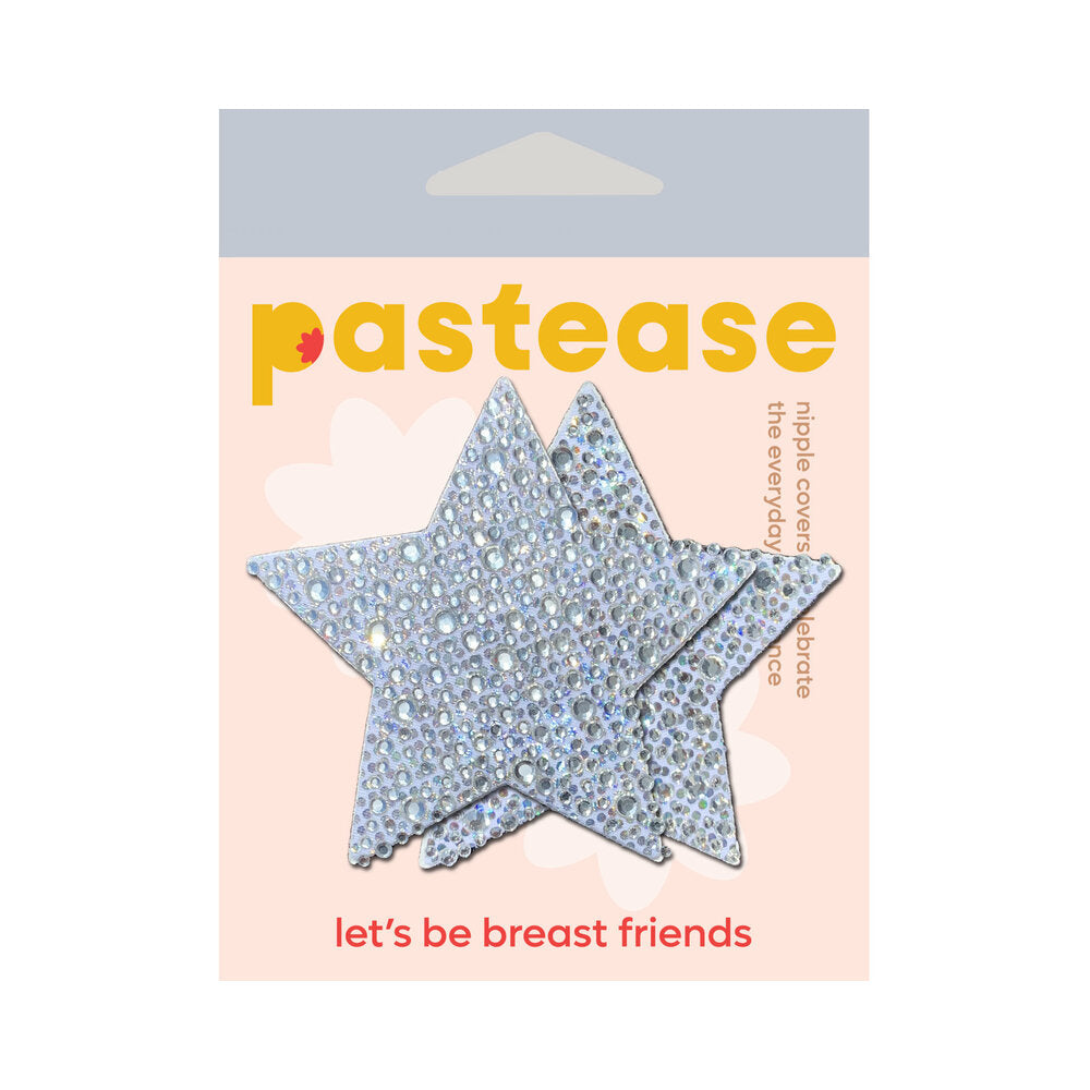 Pastease Crystal Sparkling Star Pasties Silver packaging featuring shimmering star-shaped nipple covers.