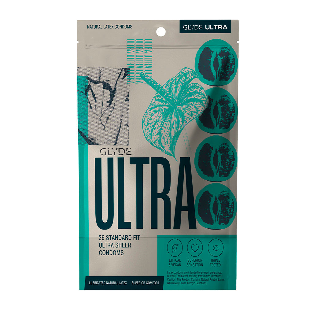 Glyde Ultra Latex Condoms 36-pack package showcasing ultra sheer condoms for superior sensation and comfort.