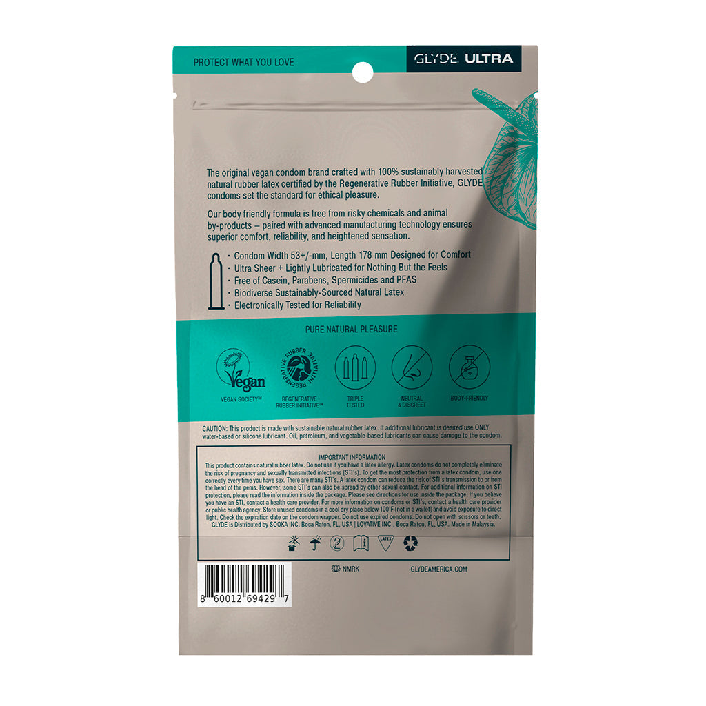 Glyde Ultra Latex Condoms 36-pack back packaging with details on vegan formula and features.