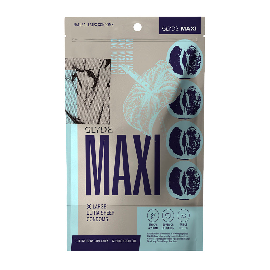 Glyde Maxi Latex Condoms 36-pack featuring ultra sheer latex for superior comfort and sensation.