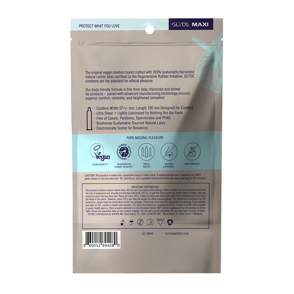 Glyde Maxi Latex Condoms 36-pack package back with product details and vegan certification.