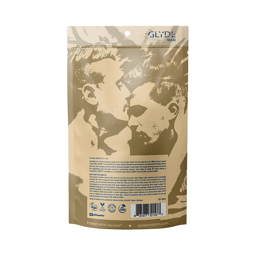Glyde Maxi Latex Condoms 36-pack packaging showing couples, emphasizing comfort and natural feel.