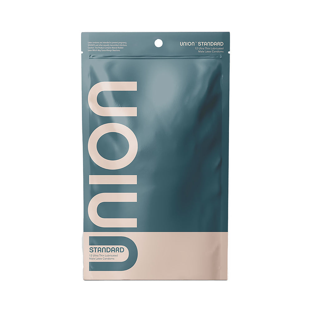 Union Standard Latex Condoms 12-pack packaging featuring modern design and branding in a blue-green color.