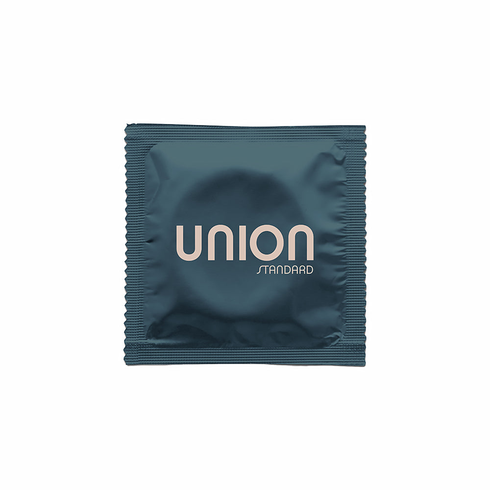 Union Standard Latex Condoms 12-pack packaging showing sleek design and logo.