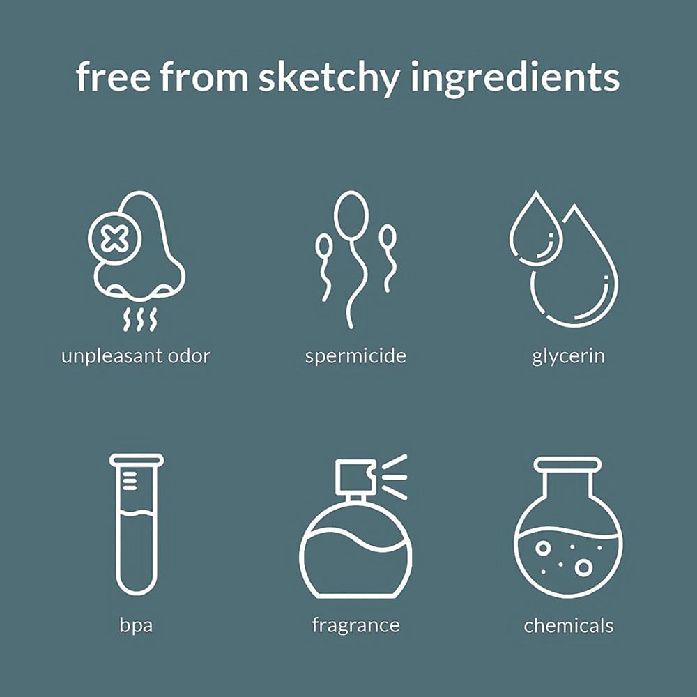 Icon set illustrating ingredients that are free from unpleasant odor, spermicides, glycerin, BPA, fragrance, and chemicals.