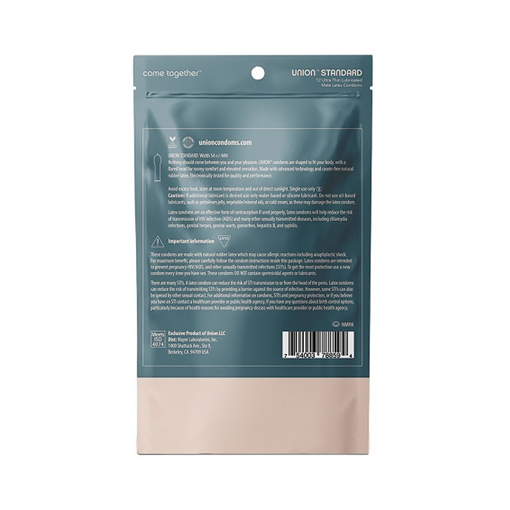 Union Standard Latex Condoms 12-pack back packaging with safety information and instructions.