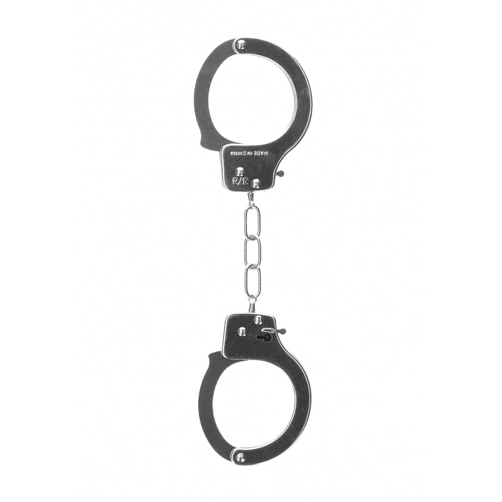 Ouch Metal Pleasure Handcuffs with Quick Release for bondage and restraint play.