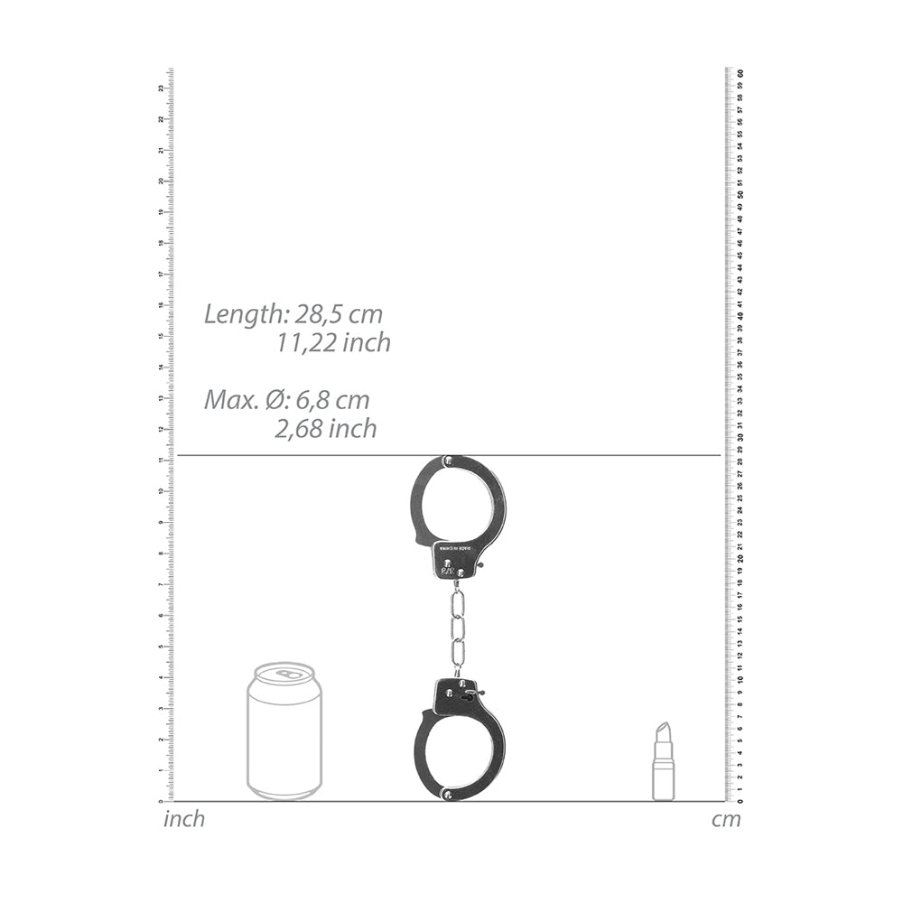 Ouch Metal Pleasure Handcuffs with Quick Release dimensions and design details for restraint play.