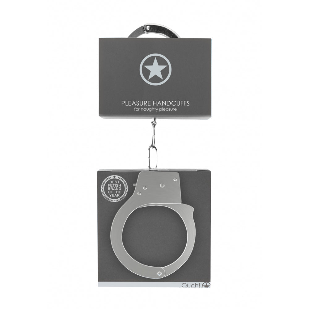 Ouch Metal Pleasure Handcuffs with Quick Release displayed in packaging, ideal for restraint play and role play.