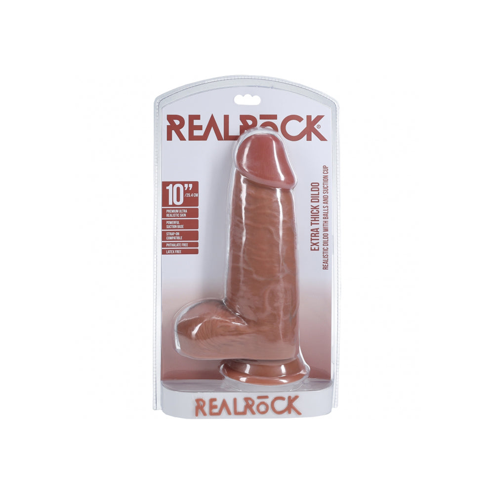 RealRock 10 Inch Extra Thick Realistic Dildo With Balls Tan package showcasing realistic design and texture.