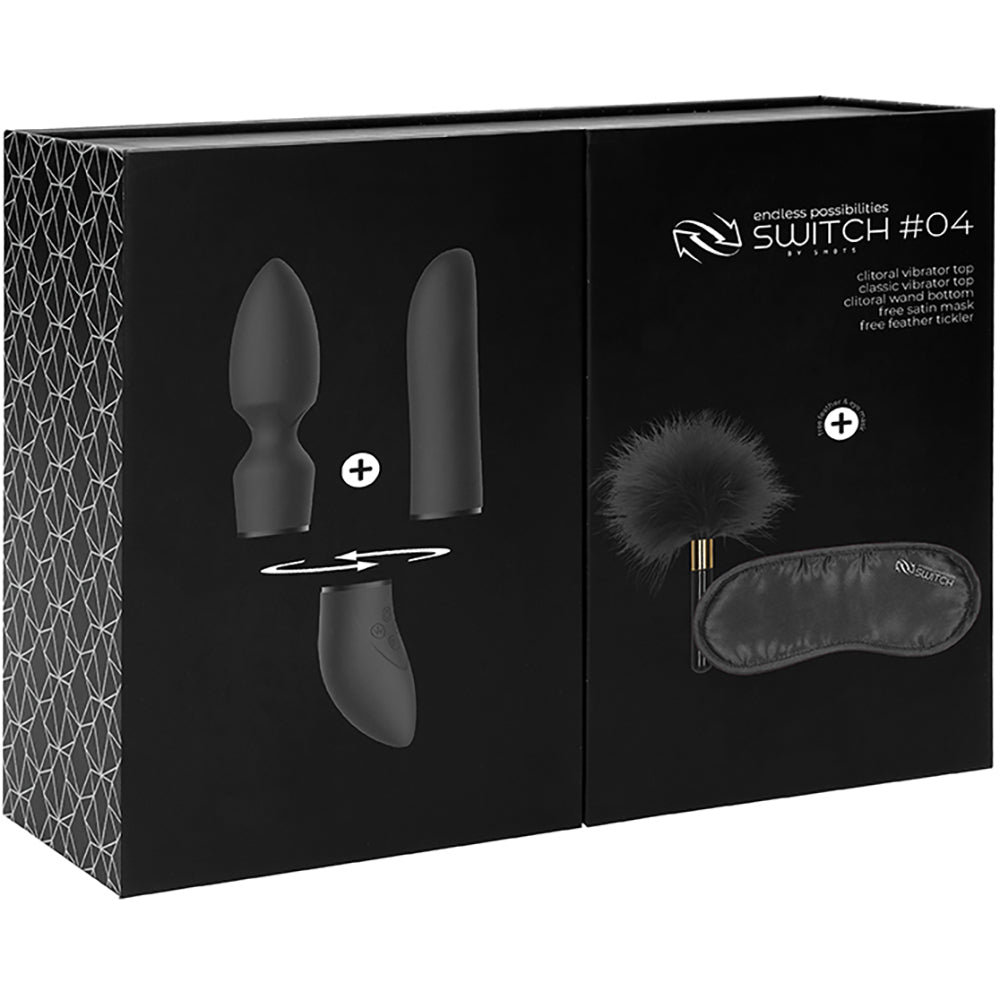 Pleasure Kit #4 Interchangeable Vibrator Set Black packaging featuring interchangeable vibrators and accessories.