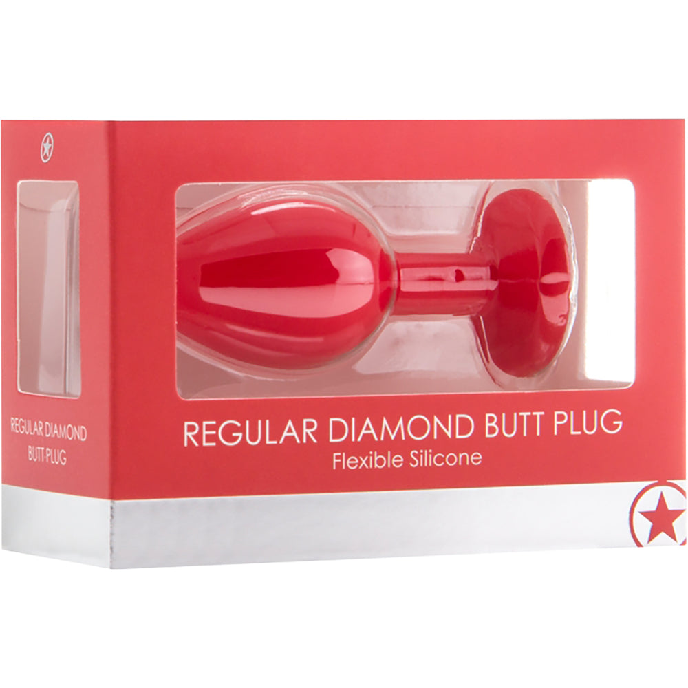 Ouch Regular Diamond Butt Plug Red packaging displaying the flexible silicone design and tapered silhouette.