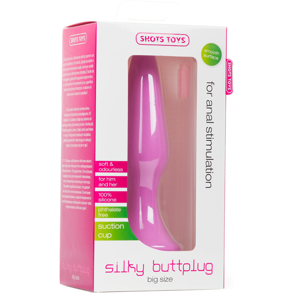 Shots Toys Silky Big Butt Plug Pink packaging showcasing its smooth surface and suction cup design for anal stimulation.