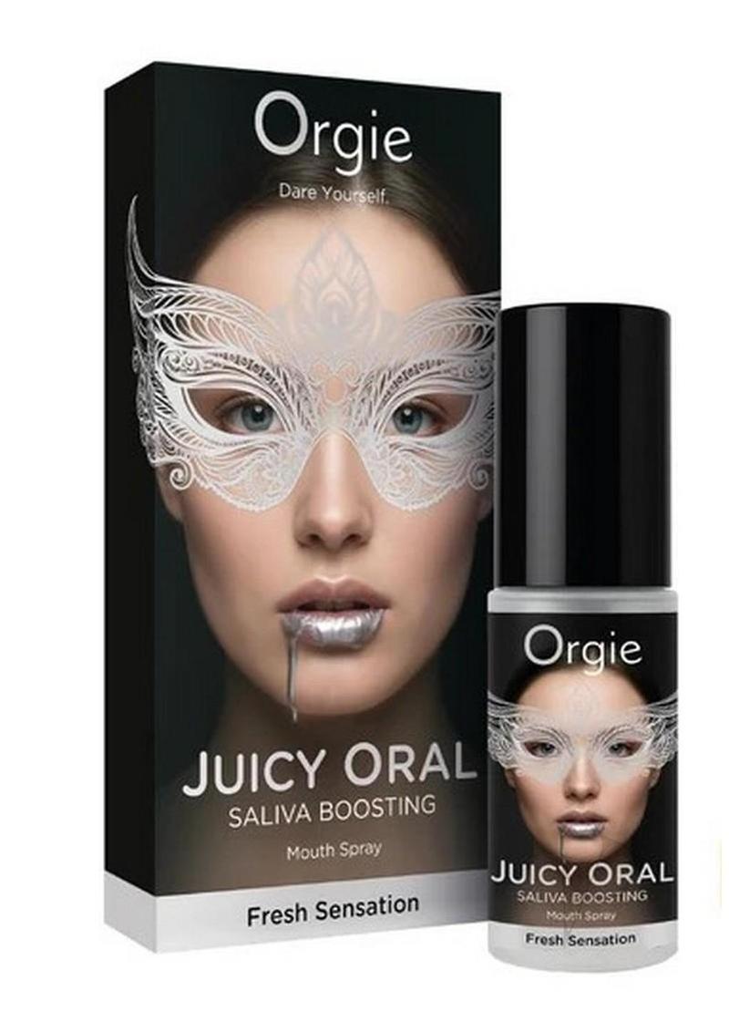 Orgie Juicy Oral Refreshing Mouth Spray 0.5 Oz Mint packaging with a model showcasing the product.