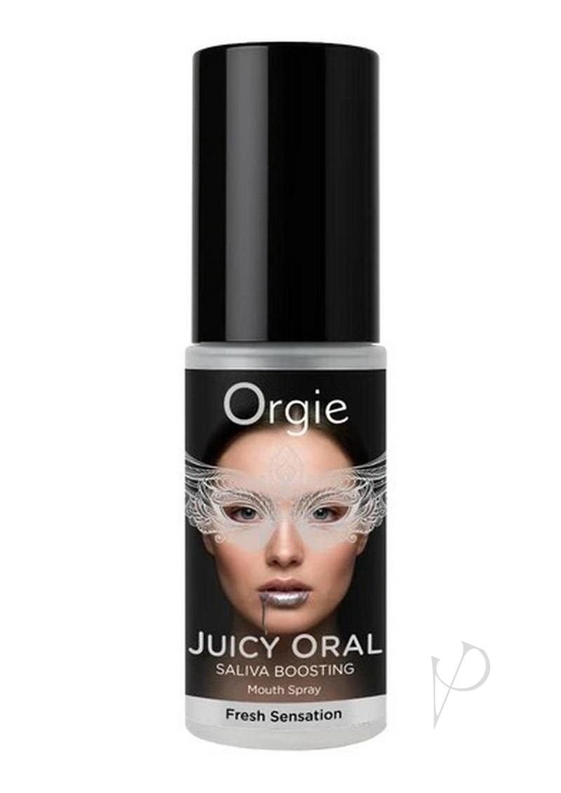 Orgie Juicy Oral Refreshing Mouth Spray 0.5 Oz Mint bottle with fresh mint flavor for enhancing oral intimacy.