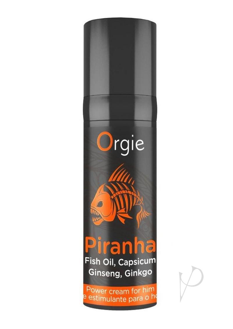 Orgie Piranha Power Cream for Him 0.5 Oz bottle with piranha design, featuring fish oil and ginseng.