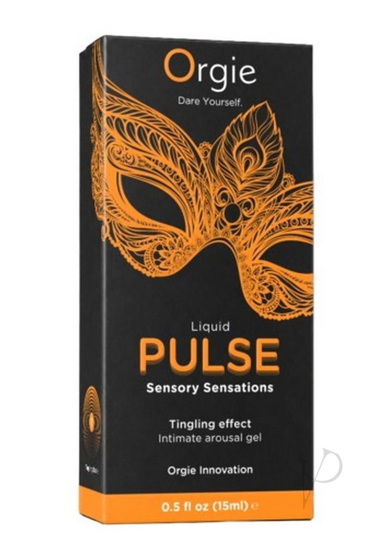 Orgie Liquid Pulse Intimate Arousal Gel 0.5 Oz Ice Caramel packaging displaying sensory sensations and tingling effect.