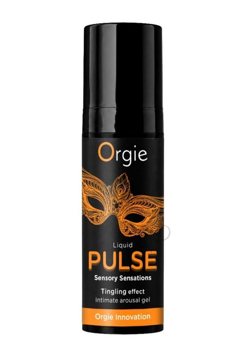 Orgie Liquid Pulse Intimate Arousal Gel 0.5 Oz Ice Caramel bottle with sensory sensations and tingling effect.
