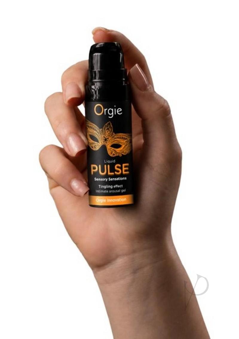 Orgie Liquid Pulse Intimate Arousal Gel 0.5 Oz Ice Caramel in hand, sensory sensations and tingling effect.