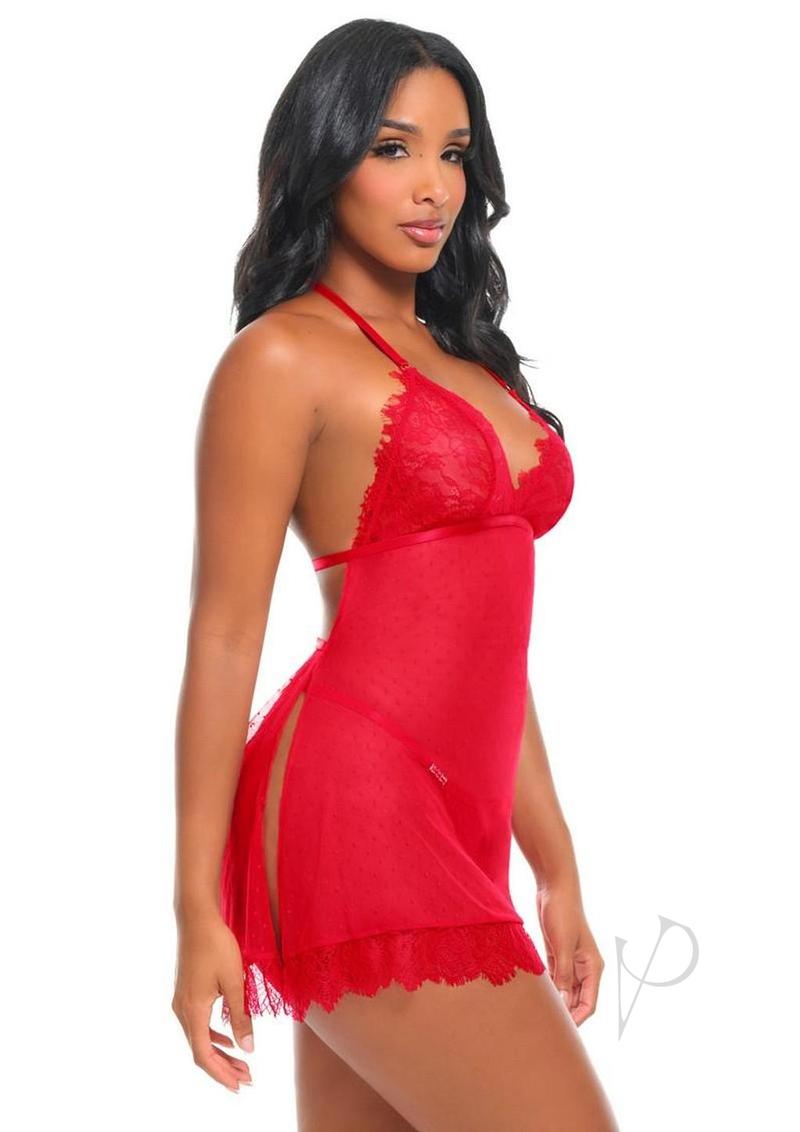 Oh La La Cheri Aliza Babydoll Large/XLarge Red shown on a model, featuring a seductive cut and vibrant red color.