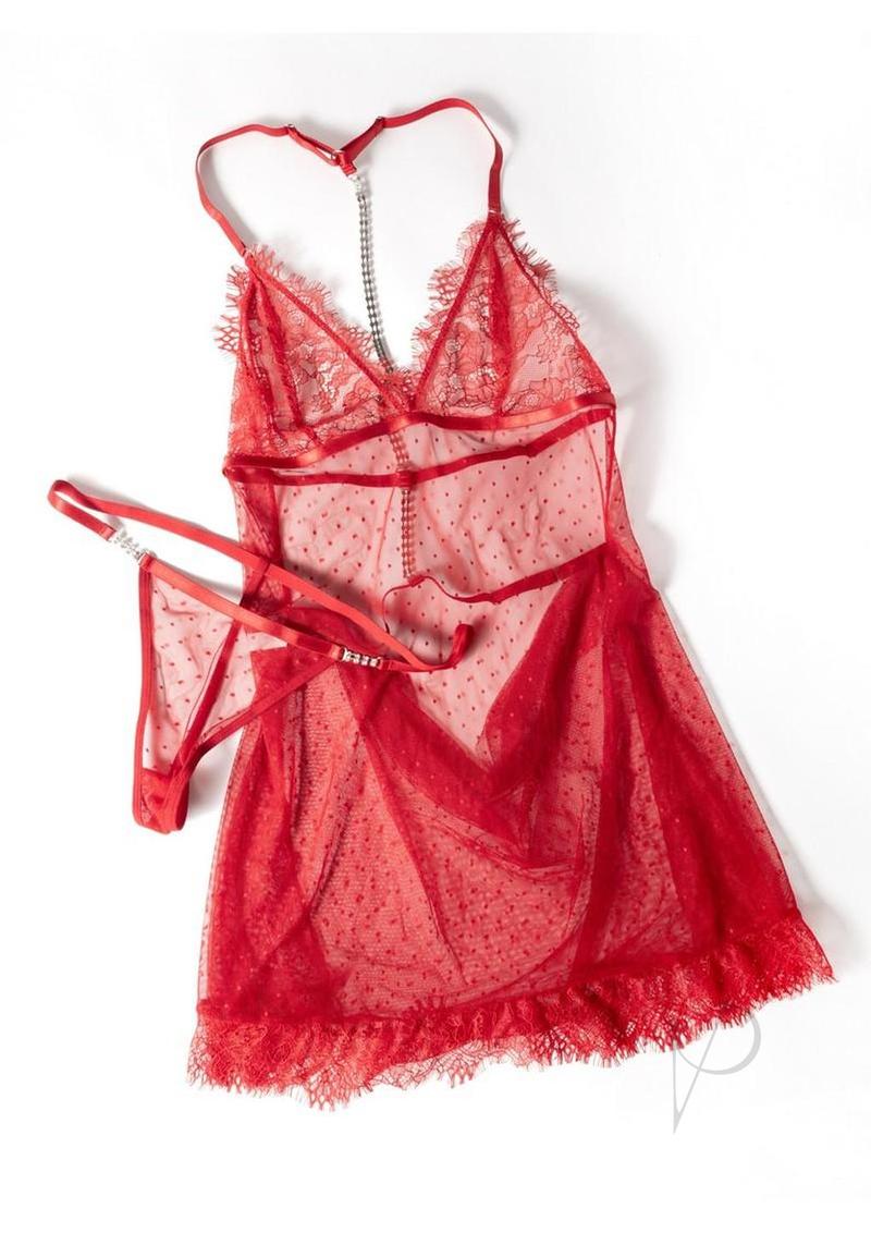 Oh La La Cheri Aliza Babydoll Large/XLarge Red lingerie set featuring lace trim and polka dot design.