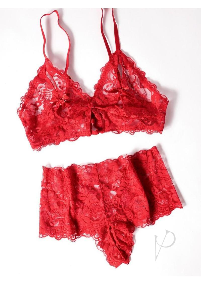Oh La La Cheri Goodnight Kiss 2 Piece Lingerie Set Red featuring a lace bralette and matching panties.