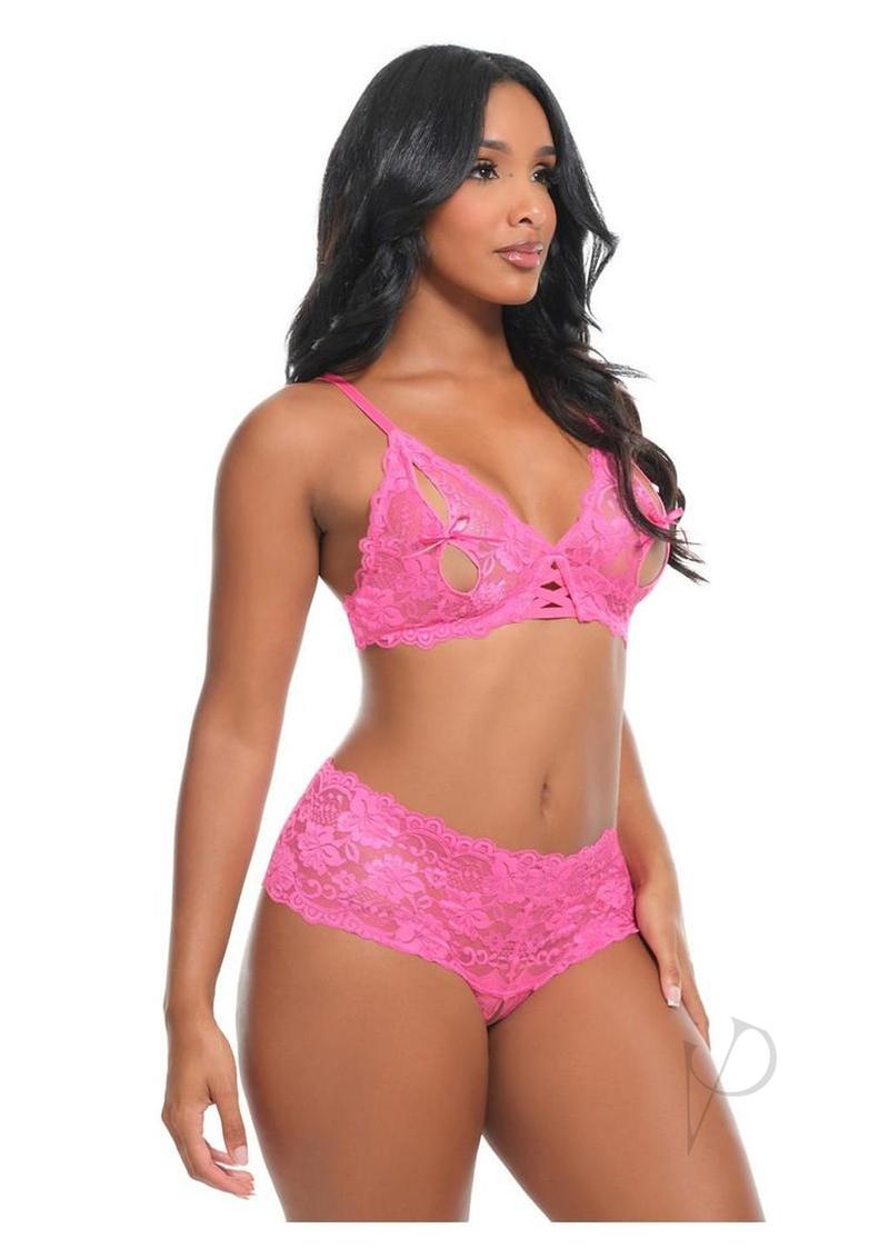 Oh La La Cheri Goodnight Kiss 2 Piece Lingerie Set Pink worn by model, featuring vibrant pink lace bra and panties.