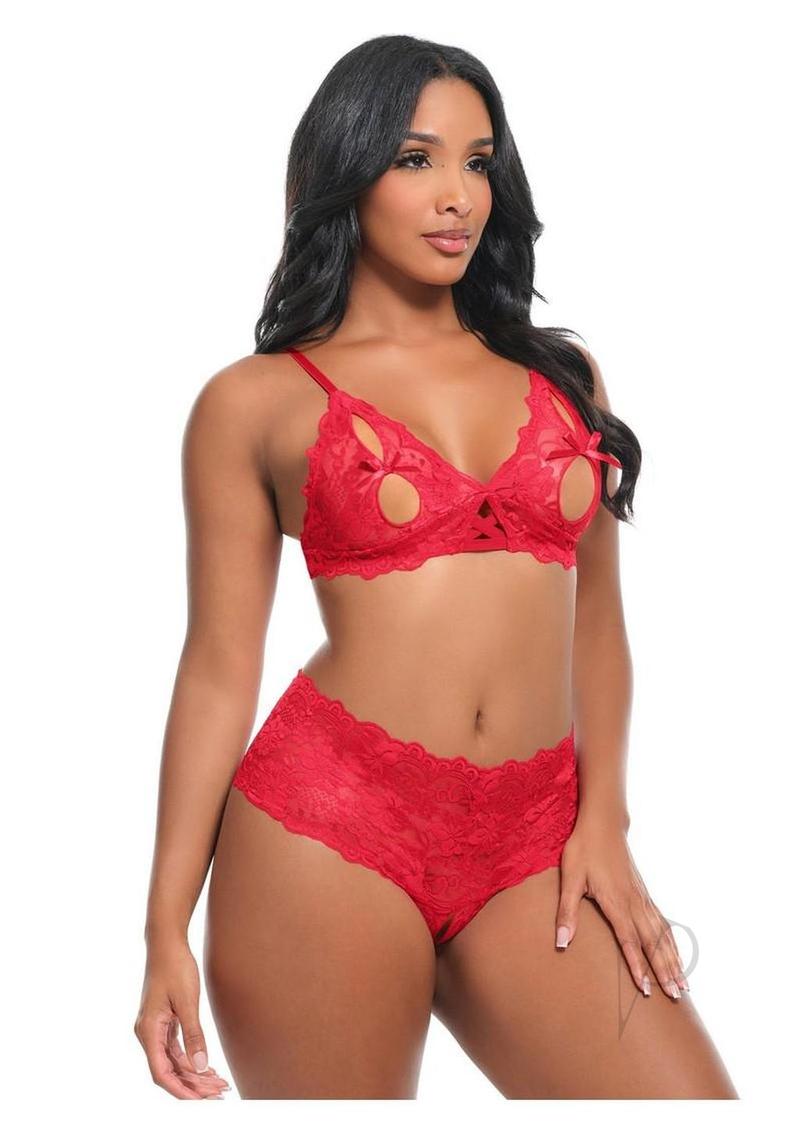 Oh La La Cheri Goodnight Kiss 2 Piece Lingerie Set L/XL Red displayed on model, featuring lace design and bold red color.
