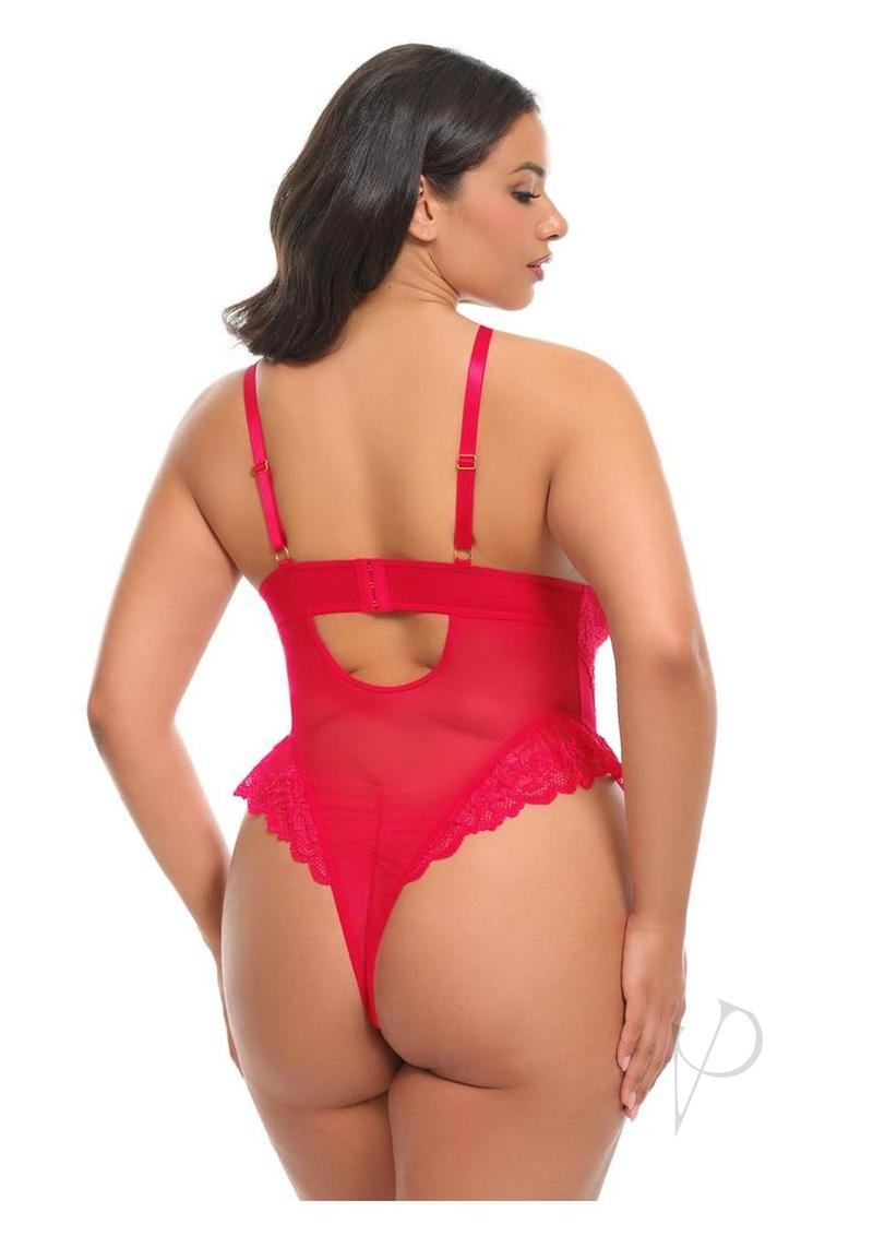 Oh La La Cheri Valentine Teddy 1X/2X Red back view on a curvy model showcasing its seductive design.