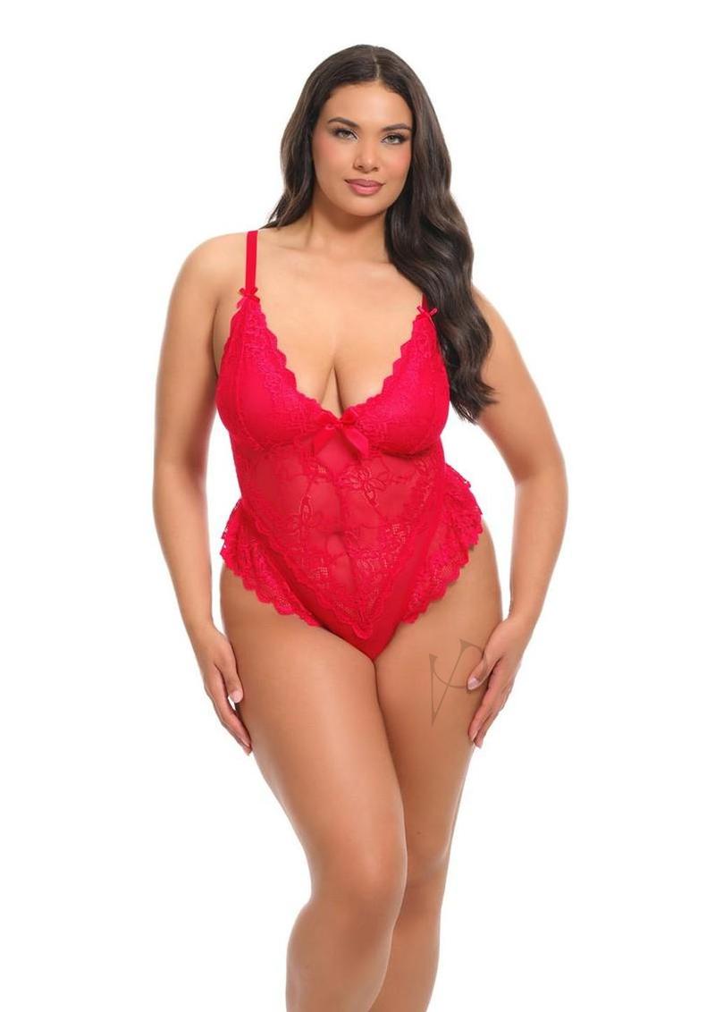 Oh La La Cheri Valentine Teddy 1X/2X Red showcasing a curvy model in seductive lingerie, perfect for special occasions.