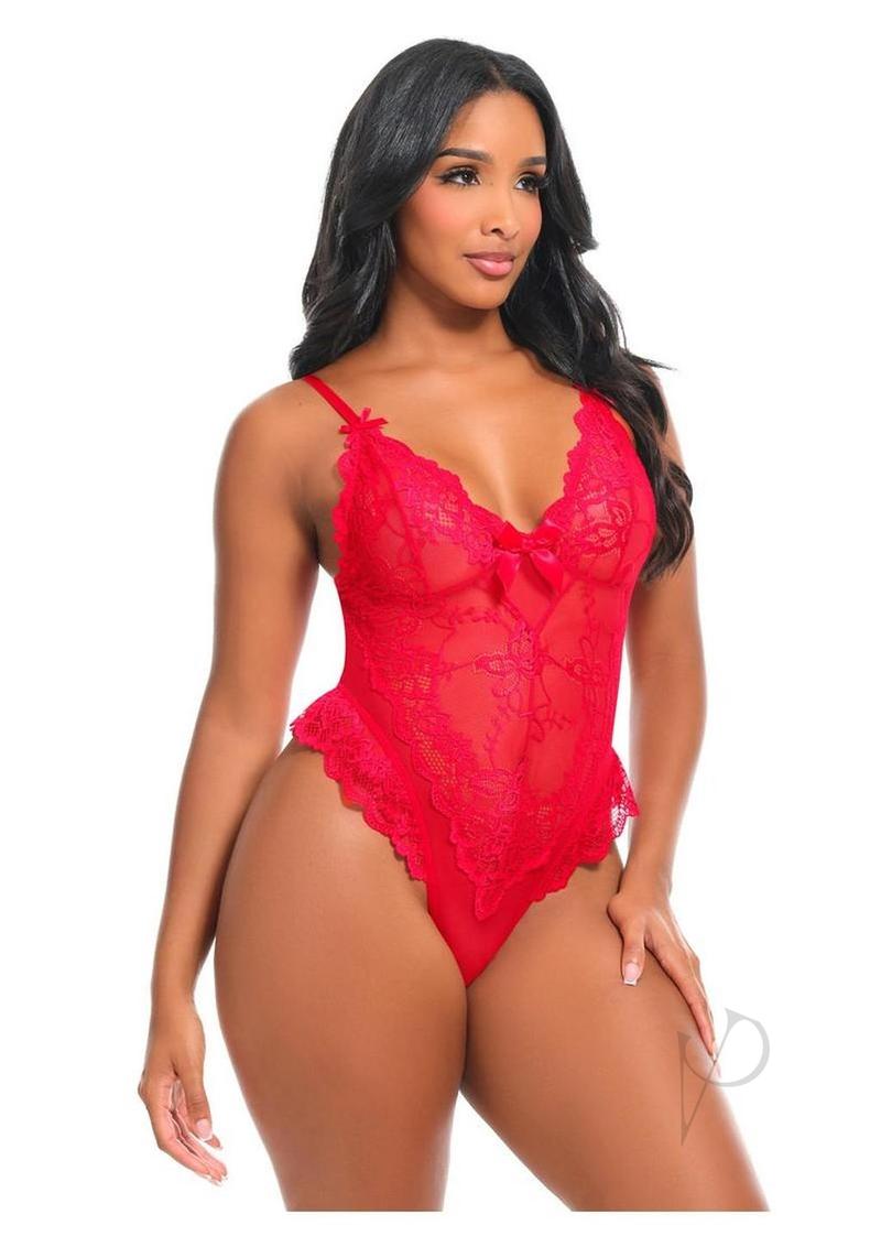 Oh La La Cheri Valentine Teddy XLarge Red showcased in a seductive red lace design, perfect for romantic evenings.