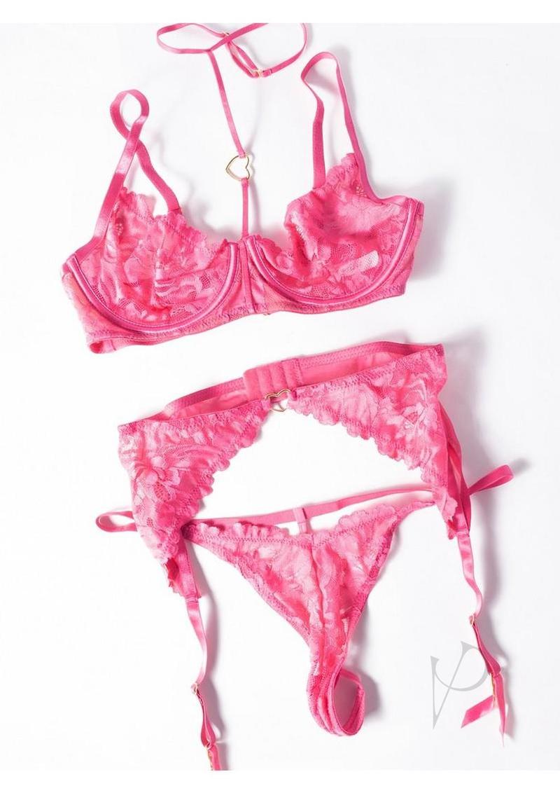 Oh La La Cheri Luly 3 Piece Lingerie Set Medium Pink in soft pink color, featuring a bra, garter, and thong.