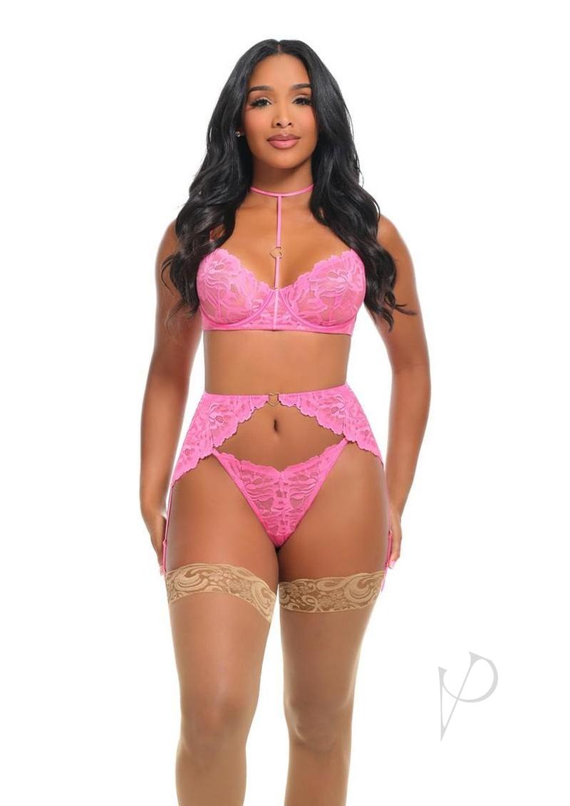 Oh La La Cheri Luly 3 Piece Lingerie Set XLarge Pink displayed on a model, showcasing a playful and romantic look.