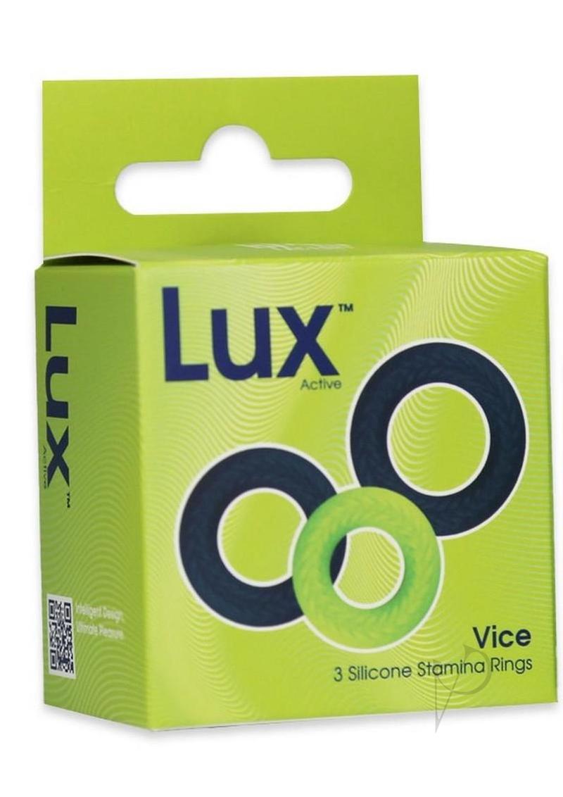 LUX Active Vice Silicone Stamina Rings 3 Pack Navy Green packaging displaying graduated cock rings for enhanced performance.