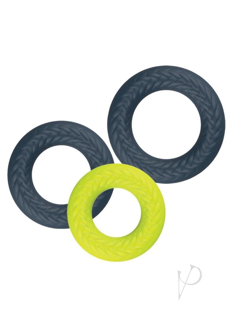 LUX Active Vice Silicone Stamina Rings 3 Pack Navy Green in navy and green colors, designed for enhanced performance.